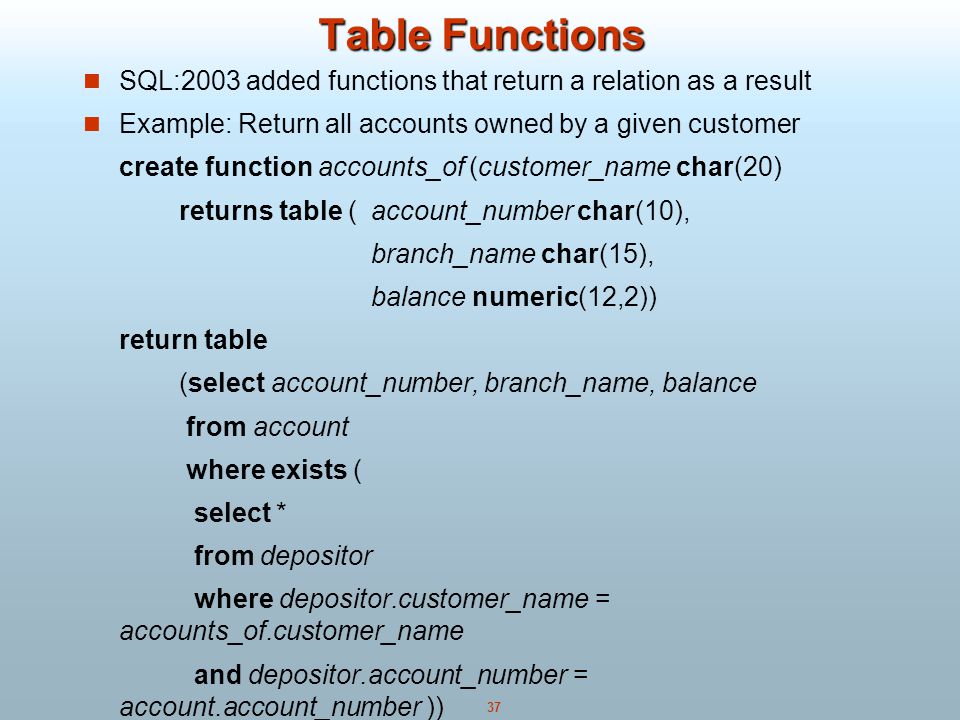 37 Table Functions SQL:2003 added functions that return a relation as a result Example: Return all accounts owned by a given customer create function accounts_of (customer_name char(20) returns table ( account_number char(10), branch_name char(15), balance numeric(12,2)) return table (select account_number, branch_name, balance from account where exists ( select * from depositor where depositor.customer_name = accounts_of.customer_name and depositor.account_number = account.account_number ))