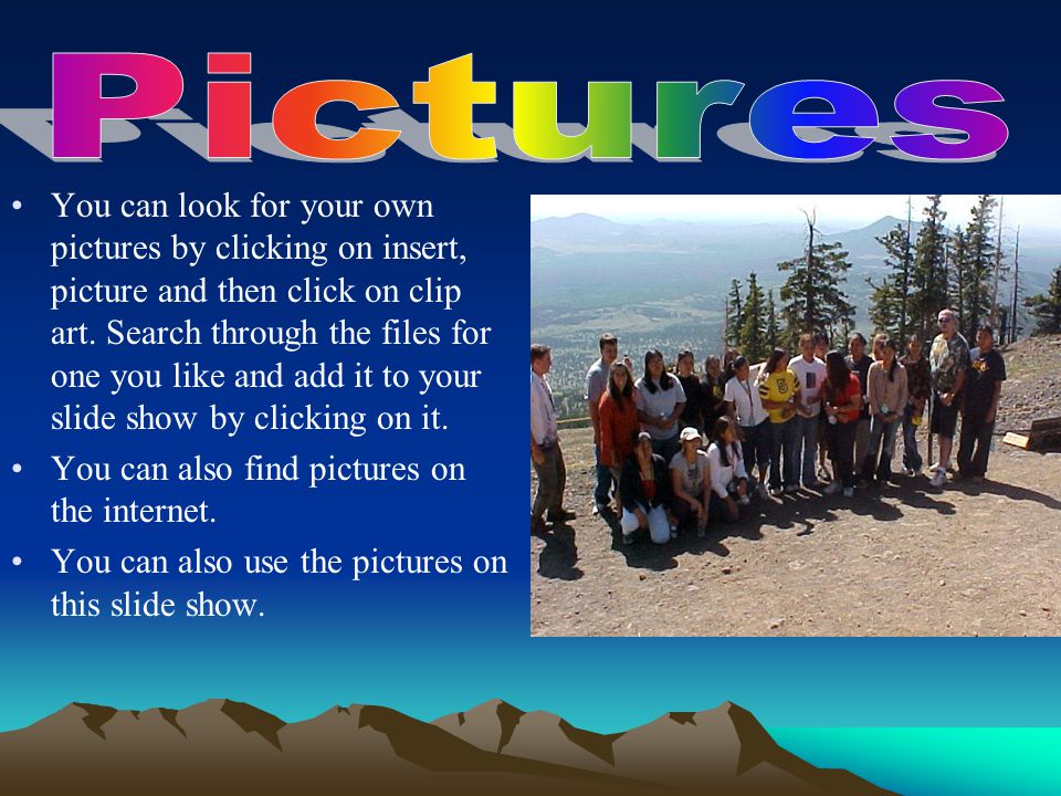 You can look for your own pictures by clicking on insert, picture and then click on clip art.