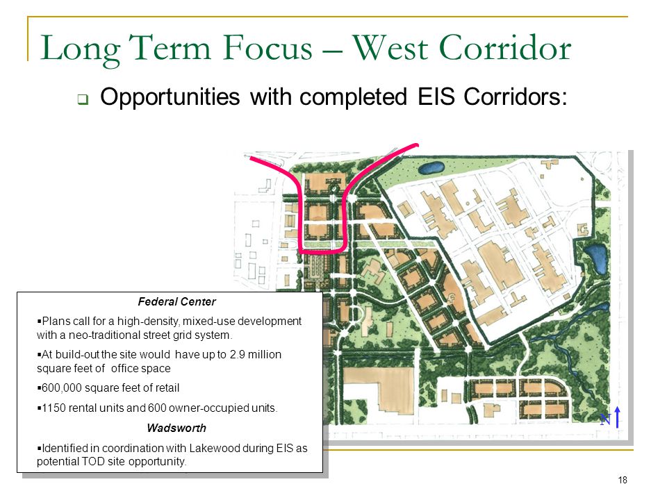 18 Long Term Focus – West Corridor  Opportunities with completed EIS Corridors: Federal Center  Plans call for a high-density, mixed-use development with a neo-traditional street grid system.
