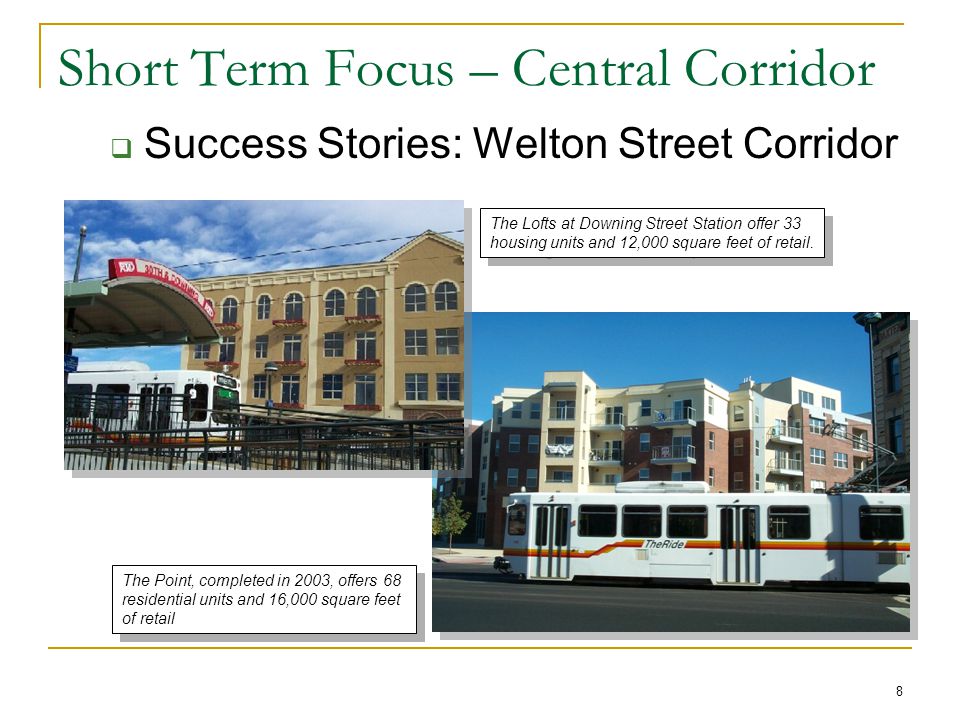 8 Short Term Focus – Central Corridor  Success Stories: Welton Street Corridor The Point, completed in 2003, offers 68 residential units and 16,000 square feet of retail The Lofts at Downing Street Station offer 33 housing units and 12,000 square feet of retail.
