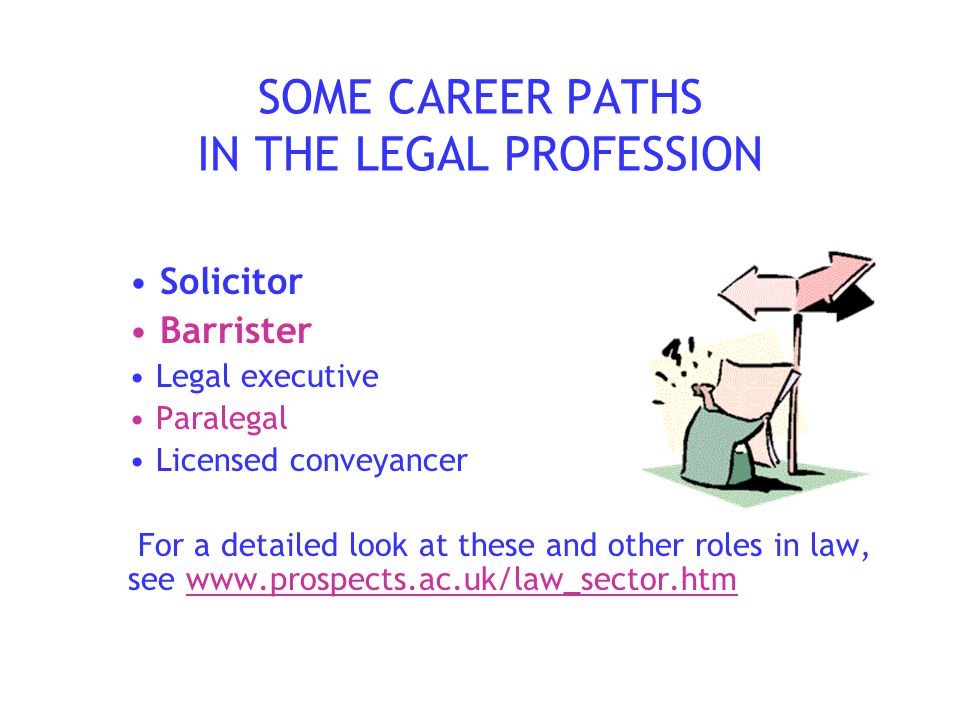 SOME CAREER PATHS IN THE LEGAL PROFESSION Solicitor Barrister Legal executive Paralegal Licensed conveyancer For a detailed look at these and other roles in law, see