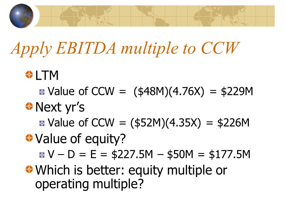 Apply EBITDA multiple to CCW LTM Value of CCW = ($48M)(4.76X) = $229M Next yr’s Value of CCW = ($52M)(4.35X) = $226M Value of equity.