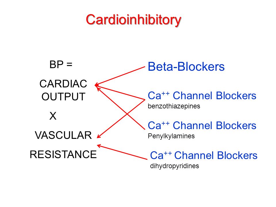 BP = CARDIAC OUTPUT X VASCULAR RESISTANCE Cardioinhibitory Beta-Blockers Ca ++ Channel Blockers dihydropyridines Ca ++ Channel Blockers Penylkylamines Ca ++ Channel Blockers benzothiazepines