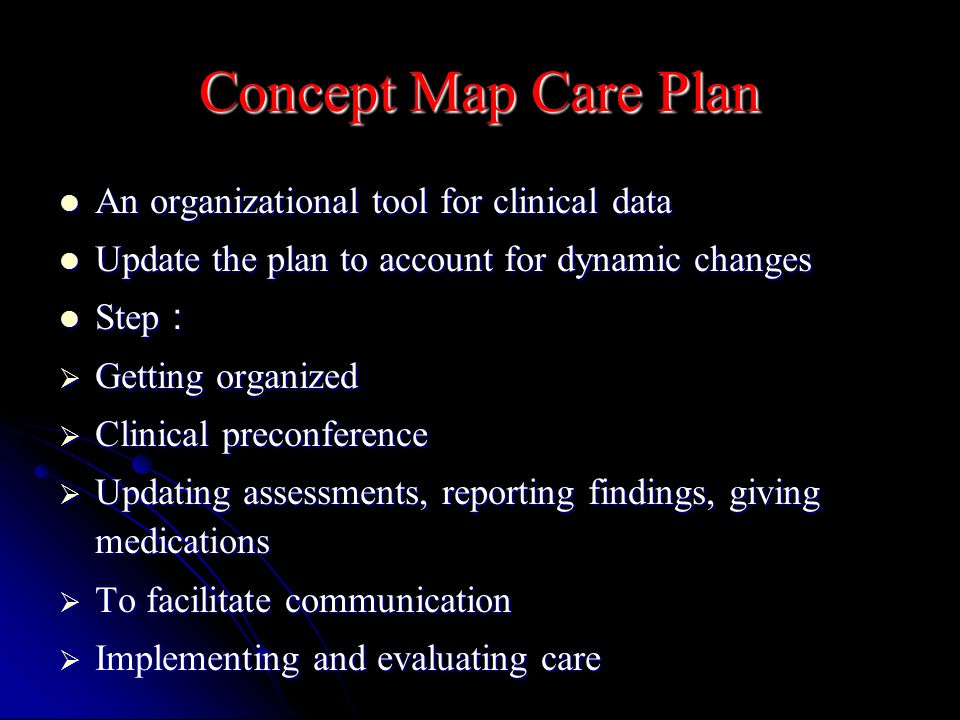Concept Map Care Plan An organizational tool for clinical data An organizational tool for clinical data Update the plan to account for dynamic changes Update the plan to account for dynamic changes Step ： Step ：  Getting organized  Clinical preconference  Updating assessments, reporting findings, giving medications  To facilitate communication  Implementing and evaluating care