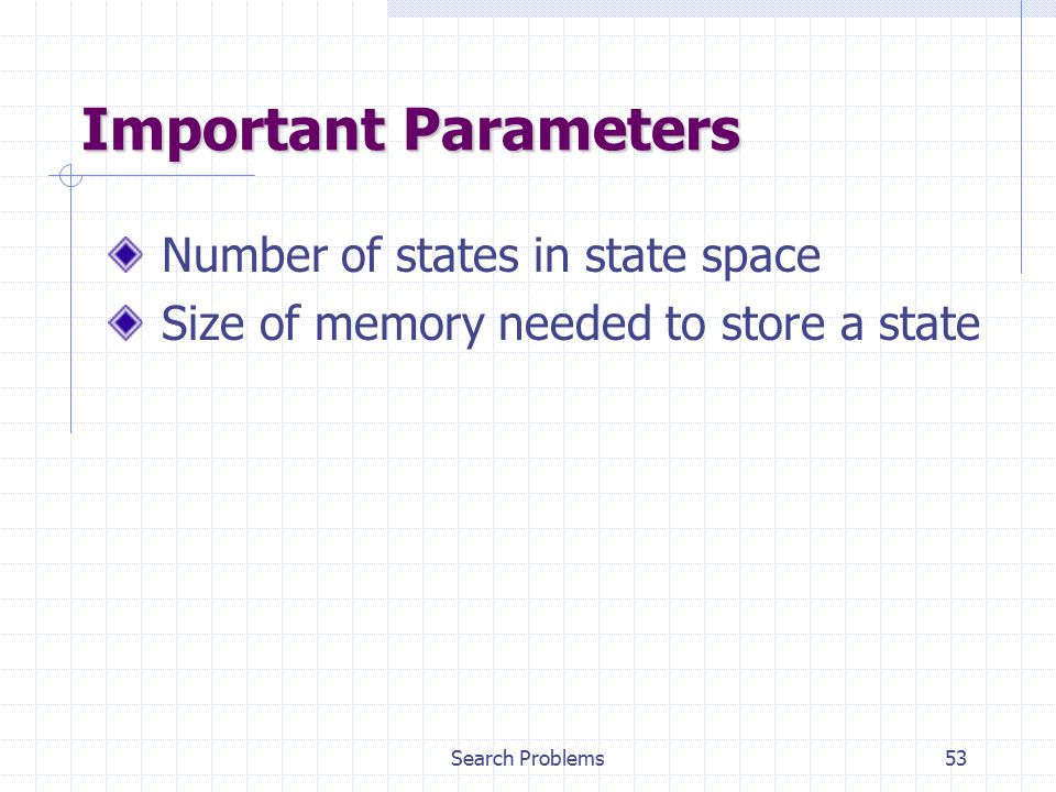 Search Problems53 Important Parameters Number of states in state space Size of memory needed to store a state