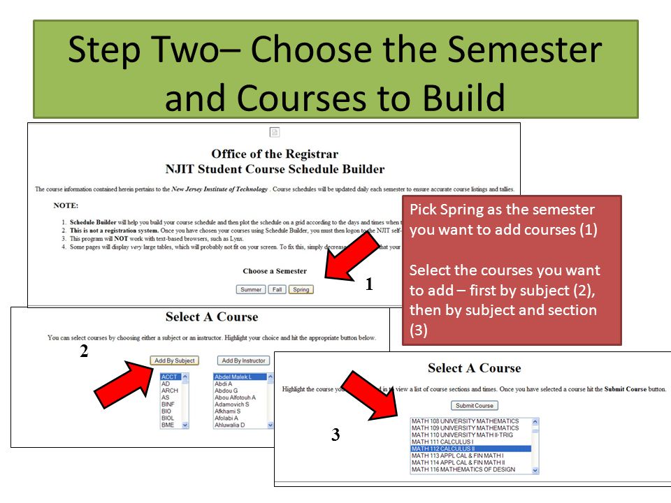 Step Two– Choose the Semester and Courses to Build Pick Spring as the semester you want to add courses (1) Select the courses you want to add – first by subject (2), then by subject and section (3)