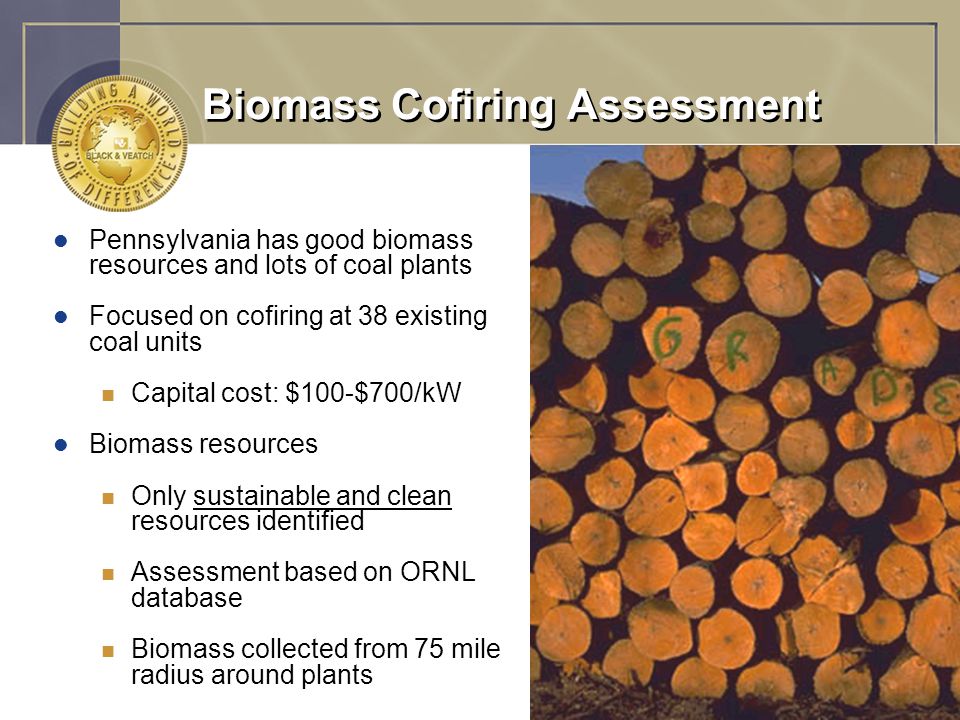 - 7 Biomass Cofiring Assessment l Pennsylvania has good biomass resources and lots of coal plants l Focused on cofiring at 38 existing coal units n Capital cost: $100-$700/kW l Biomass resources n Only sustainable and clean resources identified n Assessment based on ORNL database n Biomass collected from 75 mile radius around plants