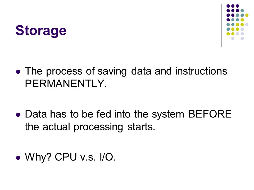 Storage The process of saving data and instructions PERMANENTLY.