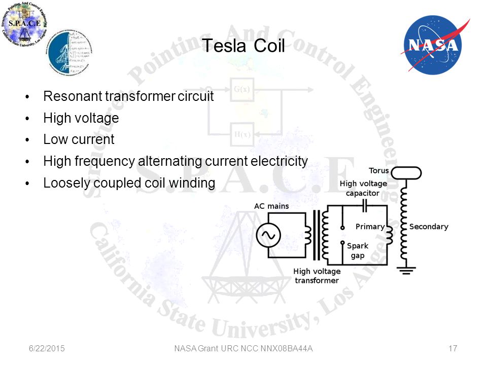 Tesla Coil 6/22/2015NASA Grant URC NCC NNX08BA44A17 Resonant transformer circuit High voltage Low current High frequency alternating current electricity Loosely coupled coil winding