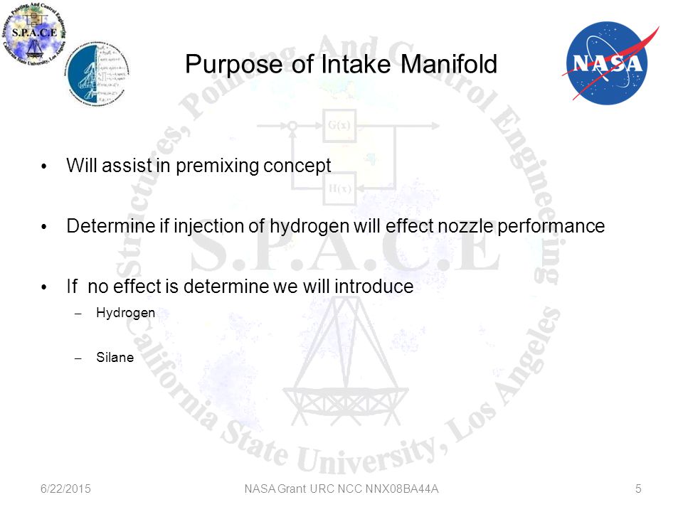 Purpose of Intake Manifold Will assist in premixing concept Determine if injection of hydrogen will effect nozzle performance If no effect is determine we will introduce – Hydrogen – Silane 6/22/2015NASA Grant URC NCC NNX08BA44A5