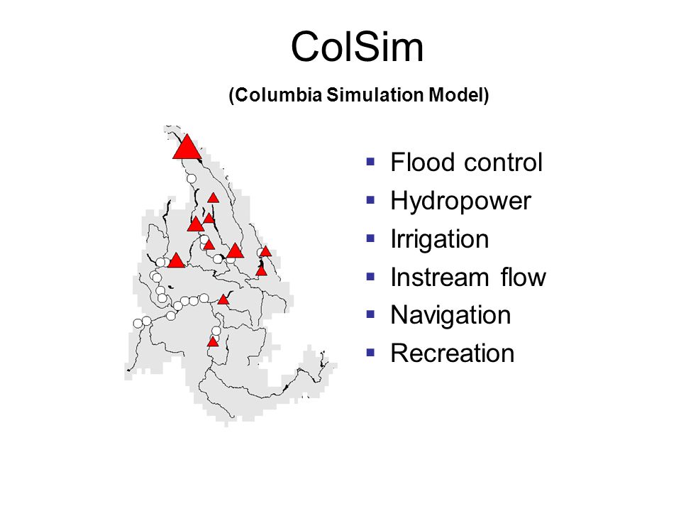 ColSim  Flood control  Hydropower  Irrigation  Instream flow  Navigation  Recreation (Columbia Simulation Model)