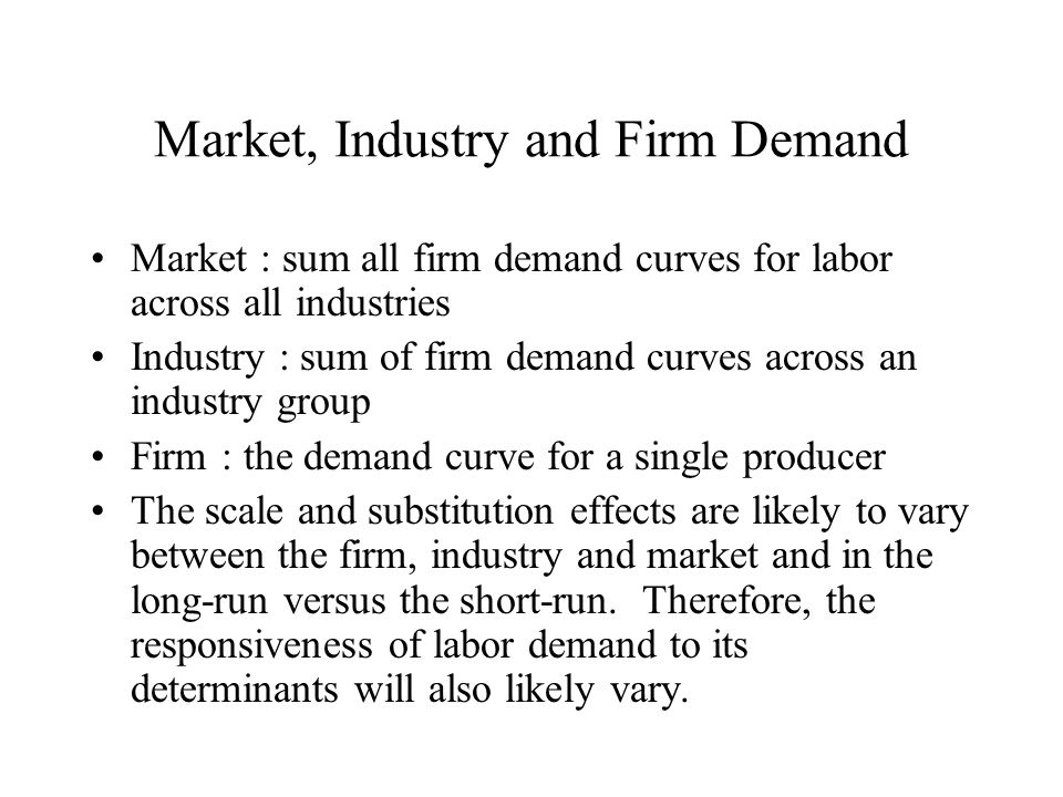 Market, Industry and Firm Demand Market : sum all firm demand curves for labor across all industries Industry : sum of firm demand curves across an industry group Firm : the demand curve for a single producer The scale and substitution effects are likely to vary between the firm, industry and market and in the long-run versus the short-run.