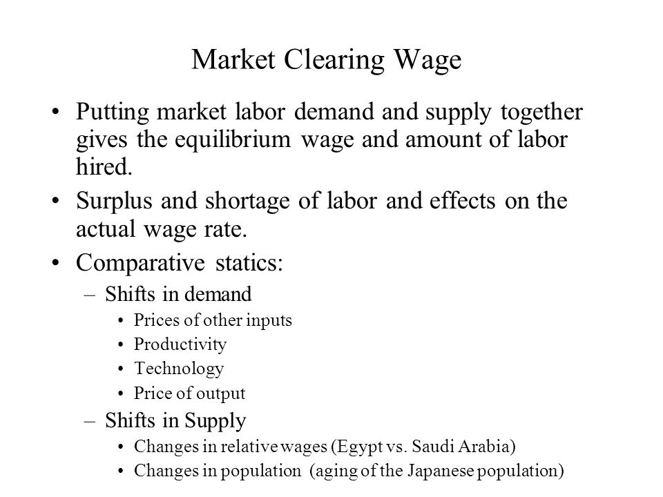 Market Clearing Wage Putting market labor demand and supply together gives the equilibrium wage and amount of labor hired.