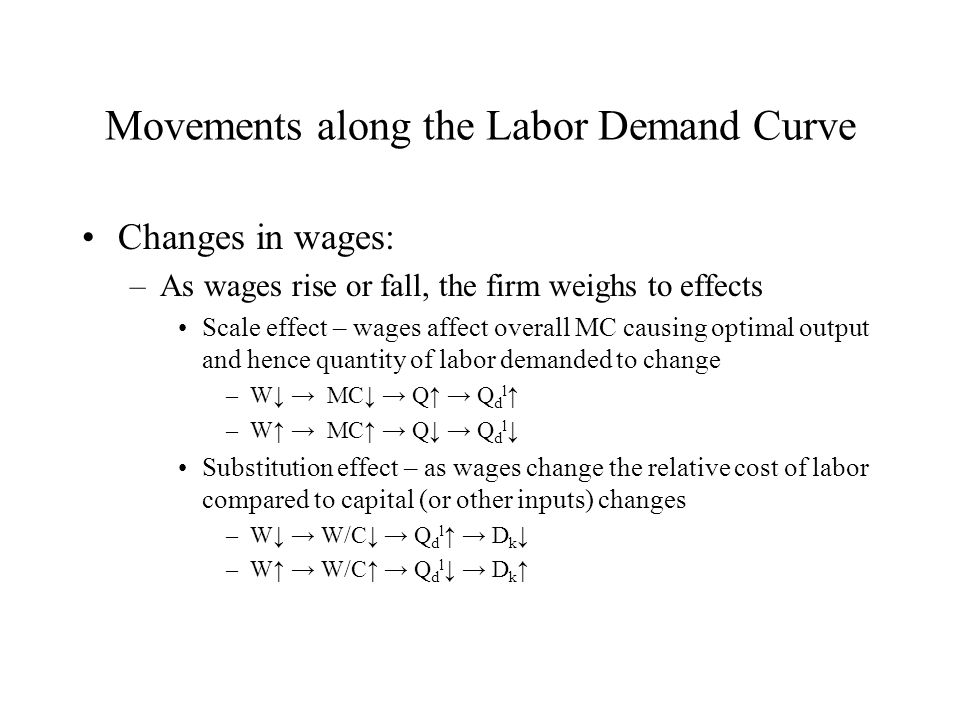 Movements along the Labor Demand Curve Changes in wages: –As wages rise or fall, the firm weighs to effects Scale effect – wages affect overall MC causing optimal output and hence quantity of labor demanded to change –W↓ → MC↓ → Q↑ → Q d l ↑ –W↑ → MC↑ → Q↓ → Q d l ↓ Substitution effect – as wages change the relative cost of labor compared to capital (or other inputs) changes –W↓ → W/C↓ → Q d l ↑ → D k ↓ –W↑ → W/C↑ → Q d l ↓ → D k ↑