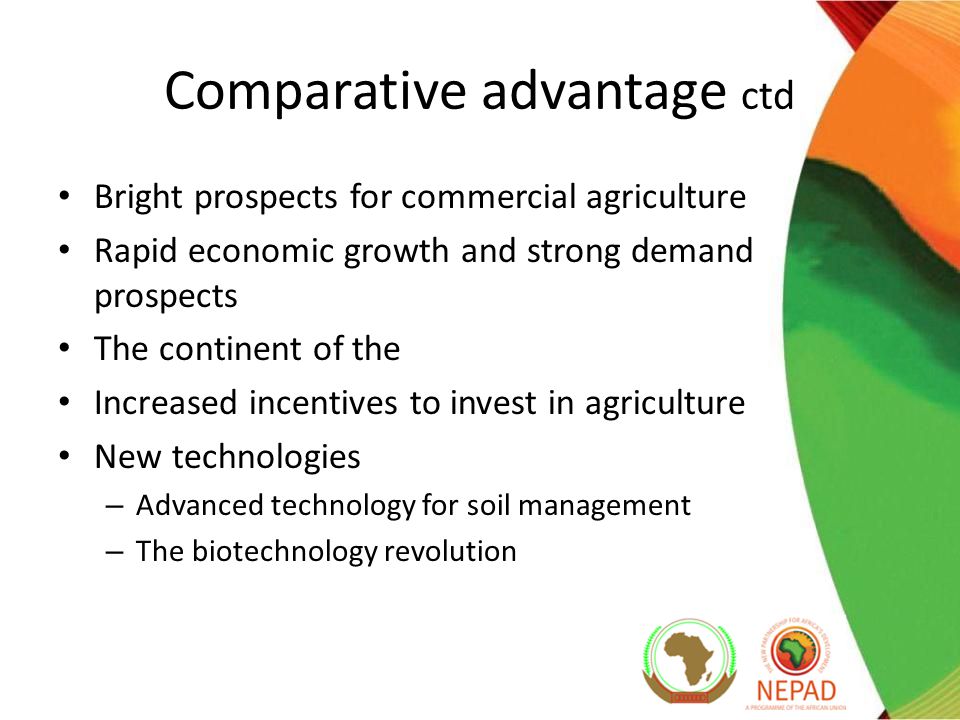 Bright prospects for commercial agriculture Rapid economic growth and strong demand prospects The continent of the Increased incentives to invest in agriculture New technologies – Advanced technology for soil management – The biotechnology revolution Comparative advantage ctd