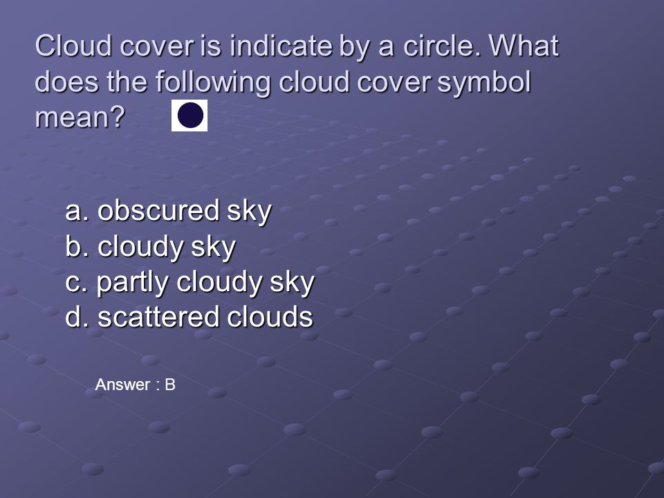 Cloud cover is indicate by a circle. What does the following cloud cover symbol mean.
