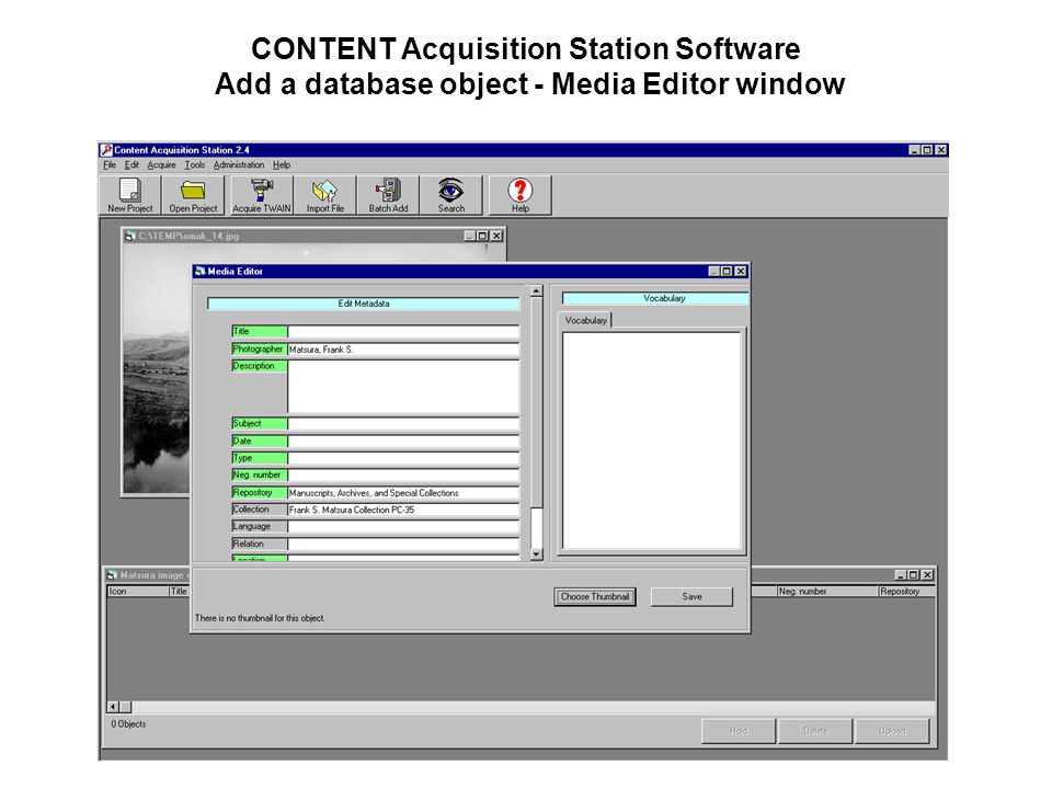 CONTENT Acquisition Station Software Add a database object - Media Editor window