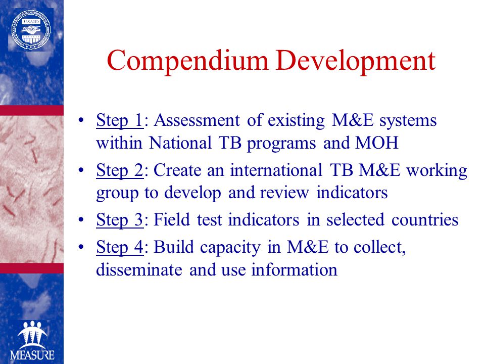 Compendium Development Step 1: Assessment of existing M&E systems within National TB programs and MOH Step 2: Create an international TB M&E working group to develop and review indicators Step 3: Field test indicators in selected countries Step 4: Build capacity in M&E to collect, disseminate and use information