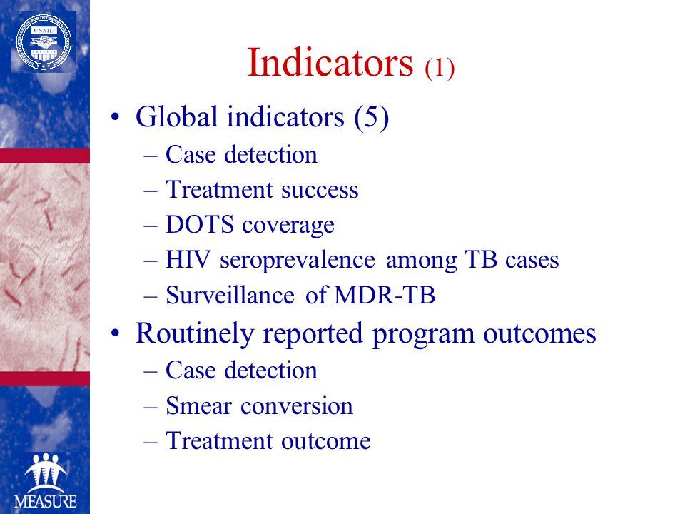 Indicators (1) Global indicators (5) –Case detection –Treatment success –DOTS coverage –HIV seroprevalence among TB cases –Surveillance of MDR-TB Routinely reported program outcomes –Case detection –Smear conversion –Treatment outcome