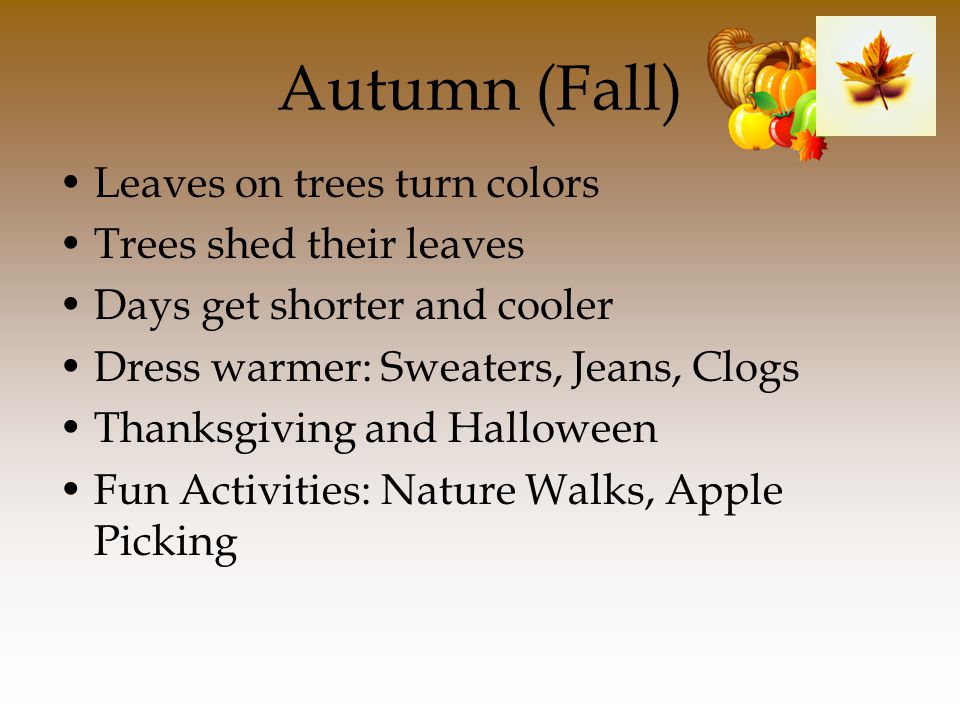 Autumn (Fall) Leaves on trees turn colors Trees shed their leaves Days get shorter and cooler Dress warmer: Sweaters, Jeans, Clogs Thanksgiving and Halloween Fun Activities: Nature Walks, Apple Picking