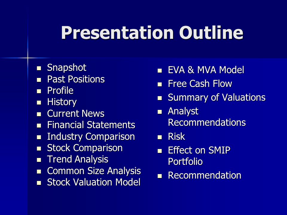 Presentation Outline Snapshot Snapshot Past Positions Past Positions Profile Profile History History Current News Current News Financial Statements Financial Statements Industry Comparison Industry Comparison Stock Comparison Stock Comparison Trend Analysis Trend Analysis Common Size Analysis Common Size Analysis Stock Valuation Model Stock Valuation Model EVA & MVA Model EVA & MVA Model Free Cash Flow Free Cash Flow Summary of Valuations Summary of Valuations Analyst Recommendations Analyst Recommendations Risk Risk Effect on SMIP Portfolio Effect on SMIP Portfolio Recommendation Recommendation