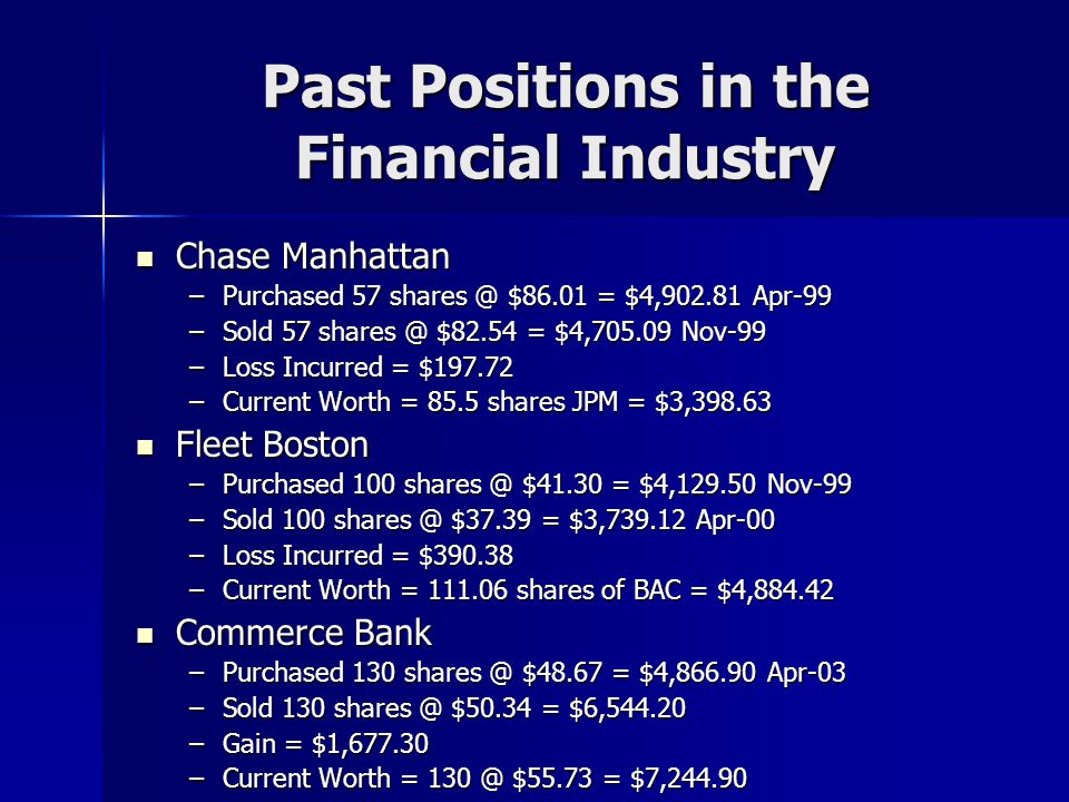 Past Positions in the Financial Industry Chase Manhattan Chase Manhattan –Purchased 57 $86.01 = $4, Apr-99 –Sold 57 $82.54 = $4, Nov-99 –Loss Incurred = $ –Current Worth = 85.5 shares JPM = $3, Fleet Boston Fleet Boston –Purchased 100 $41.30 = $4, Nov-99 –Sold 100 $37.39 = $3, Apr-00 –Loss Incurred = $ –Current Worth = shares of BAC = $4, Commerce Bank Commerce Bank –Purchased 130 $48.67 = $4, Apr-03 –Sold 130 $50.34 = $6, –Gain = $1, –Current Worth = $55.73 = $7,244.90