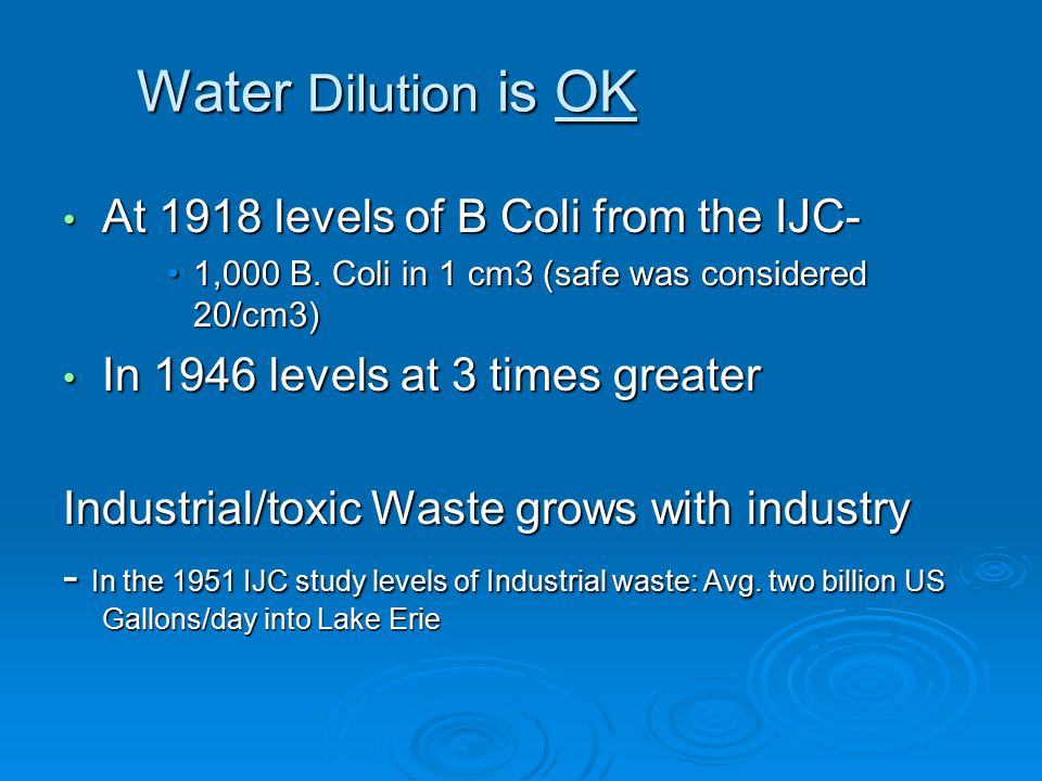 Water Dilution is OK At 1918 levels of B Coli from the IJC- At 1918 levels of B Coli from the IJC- 1,000 B.