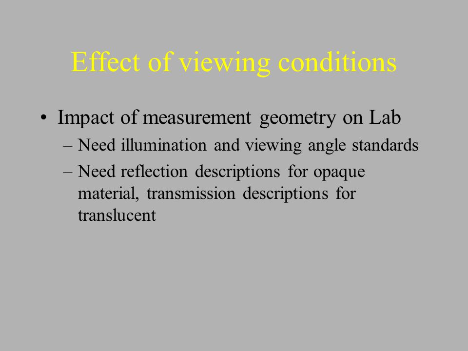 Effect of viewing conditions Impact of measurement geometry on Lab –Need illumination and viewing angle standards –Need reflection descriptions for opaque material, transmission descriptions for translucent
