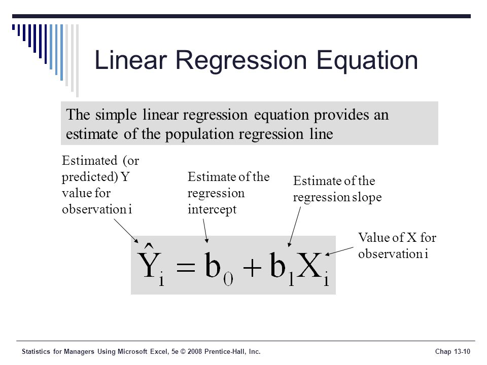 Statistics for Managers Using Microsoft Excel, 5e © 2008 Prentice-Hall, Inc.Chap Linear Regression Equation The simple linear regression equation provides an estimate of the population regression line Estimate of the regression intercept Estimate of the regression slope Estimated (or predicted) Y value for observation i Value of X for observation i