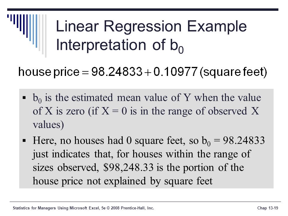 Statistics for Managers Using Microsoft Excel, 5e © 2008 Prentice-Hall, Inc.Chap Linear Regression Example Interpretation of b 0  b 0 is the estimated mean value of Y when the value of X is zero (if X = 0 is in the range of observed X values)  Here, no houses had 0 square feet, so b 0 = just indicates that, for houses within the range of sizes observed, $98, is the portion of the house price not explained by square feet