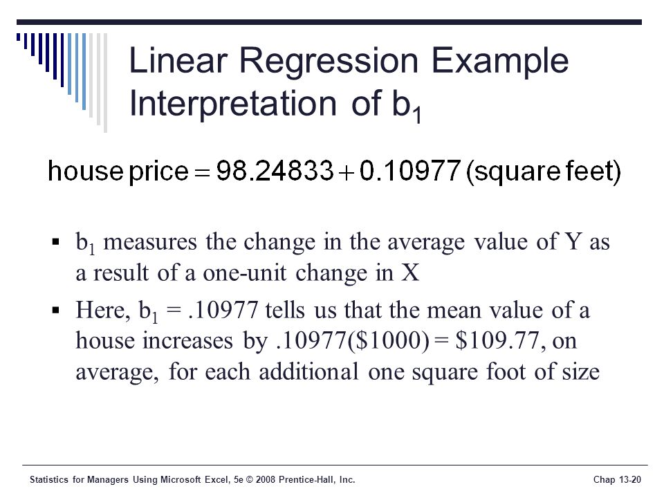 Statistics for Managers Using Microsoft Excel, 5e © 2008 Prentice-Hall, Inc.Chap Linear Regression Example Interpretation of b 1  b 1 measures the change in the average value of Y as a result of a one-unit change in X  Here, b 1 = tells us that the mean value of a house increases by.10977($1000) = $109.77, on average, for each additional one square foot of size