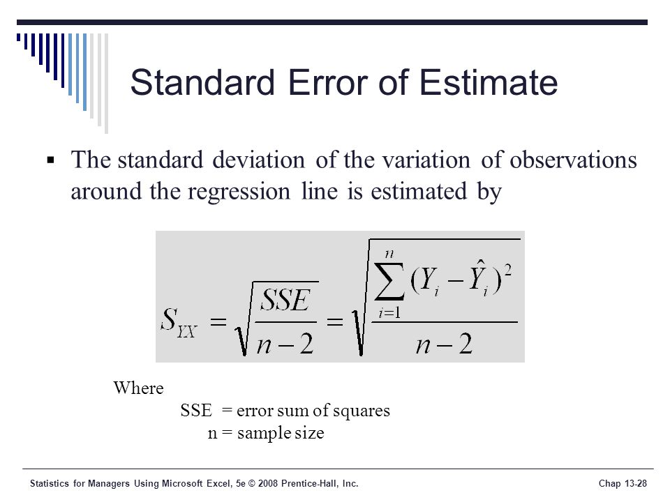 Statistics for Managers Using Microsoft Excel, 5e © 2008 Prentice-Hall, Inc.Chap Standard Error of Estimate  The standard deviation of the variation of observations around the regression line is estimated by Where SSE = error sum of squares n = sample size