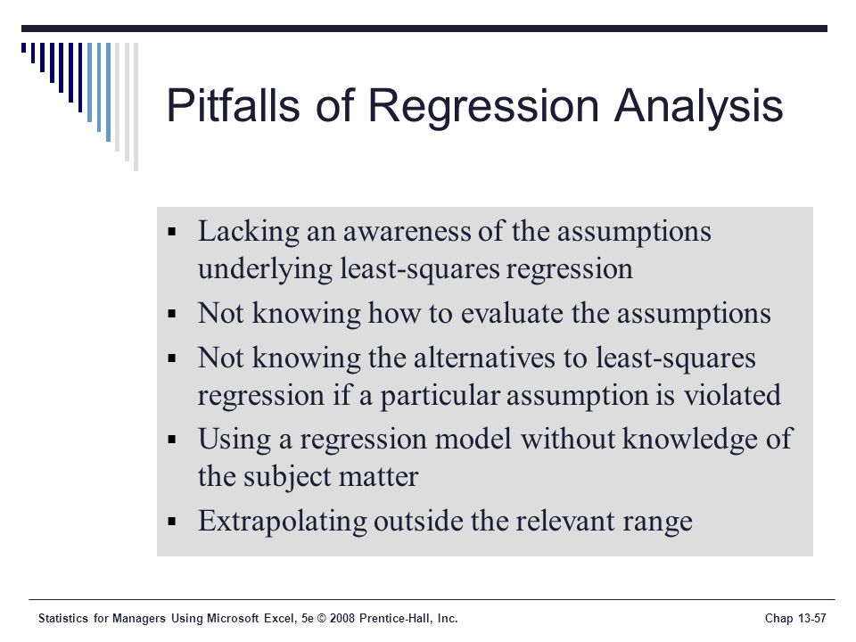 Statistics for Managers Using Microsoft Excel, 5e © 2008 Prentice-Hall, Inc.Chap Pitfalls of Regression Analysis  Lacking an awareness of the assumptions underlying least-squares regression  Not knowing how to evaluate the assumptions  Not knowing the alternatives to least-squares regression if a particular assumption is violated  Using a regression model without knowledge of the subject matter  Extrapolating outside the relevant range