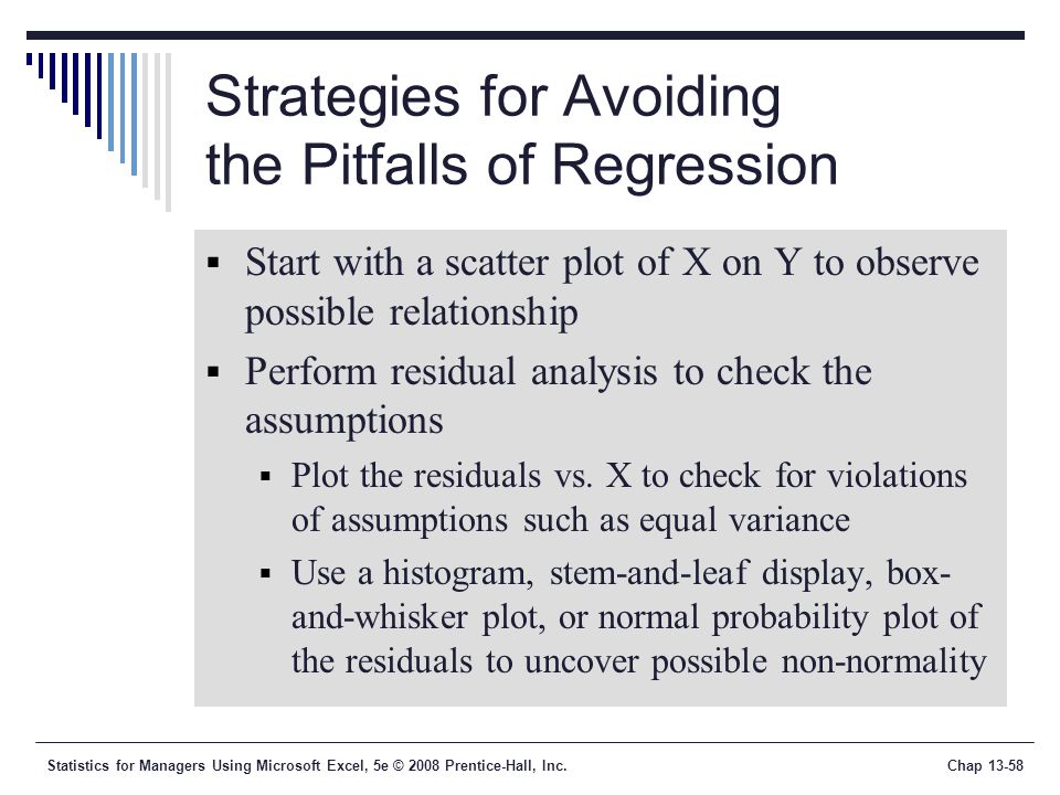 Statistics for Managers Using Microsoft Excel, 5e © 2008 Prentice-Hall, Inc.Chap Strategies for Avoiding the Pitfalls of Regression  Start with a scatter plot of X on Y to observe possible relationship  Perform residual analysis to check the assumptions  Plot the residuals vs.
