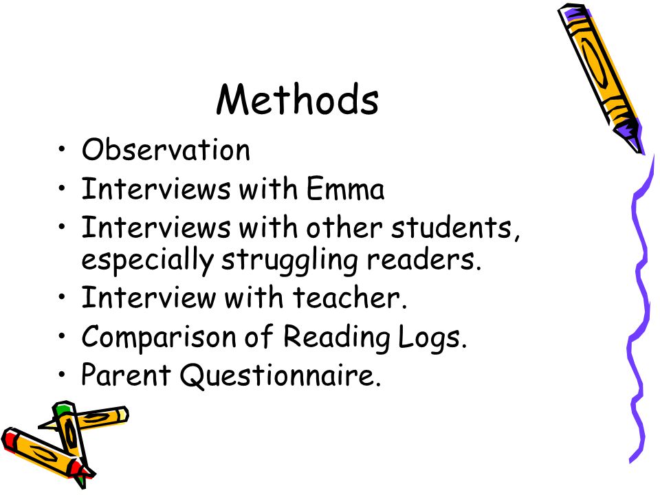 Methods Observation Interviews with Emma Interviews with other students, especially struggling readers.