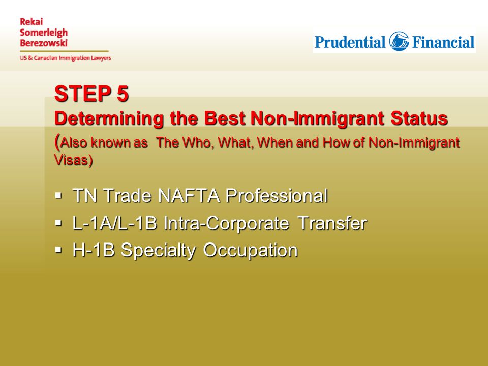 STEP 5 Determining the Best Non-Immigrant Status ( Also known as The Who, What, When and How of Non-Immigrant Visas)  TN Trade NAFTA Professional  L-1A/L-1B Intra-Corporate Transfer  H-1B Specialty Occupation