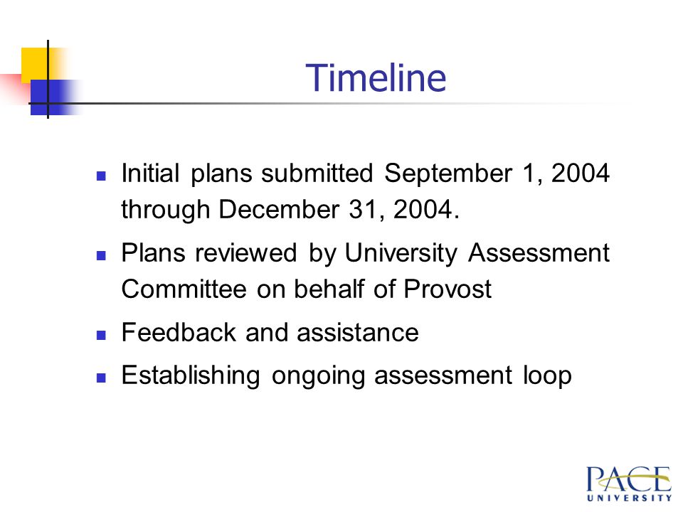 Timeline Initial plans submitted September 1, 2004 through December 31, 2004.