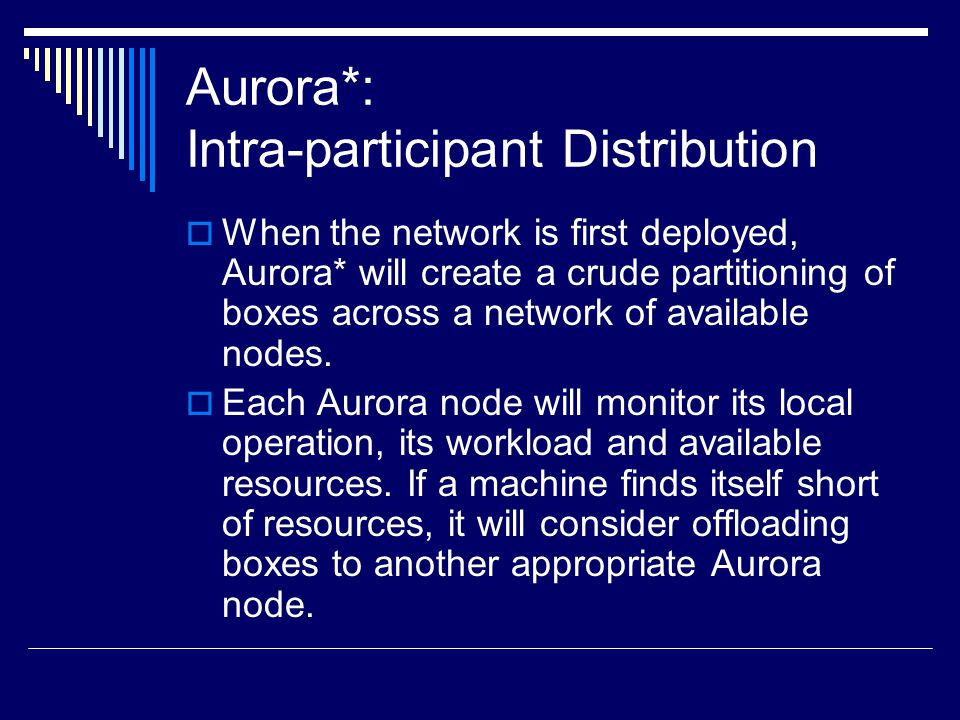 Aurora*: Intra-participant Distribution  When the network is first deployed, Aurora* will create a crude partitioning of boxes across a network of available nodes.
