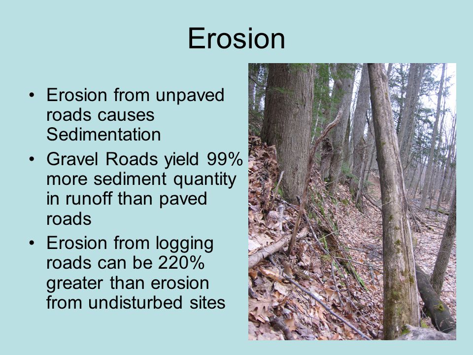 Erosion Erosion from unpaved roads causes Sedimentation Gravel Roads yield 99% more sediment quantity in runoff than paved roads Erosion from logging roads can be 220% greater than erosion from undisturbed sites
