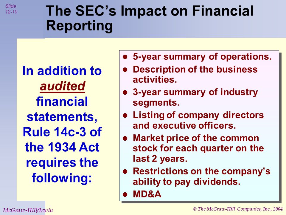 © The McGraw-Hill Companies, Inc., 2004 Slide McGraw-Hill/Irwin In addition to audited financial statements, Rule 14c-3 of the 1934 Act requires the following: The SEC’s Impact on Financial Reporting 5-year summary of operations.