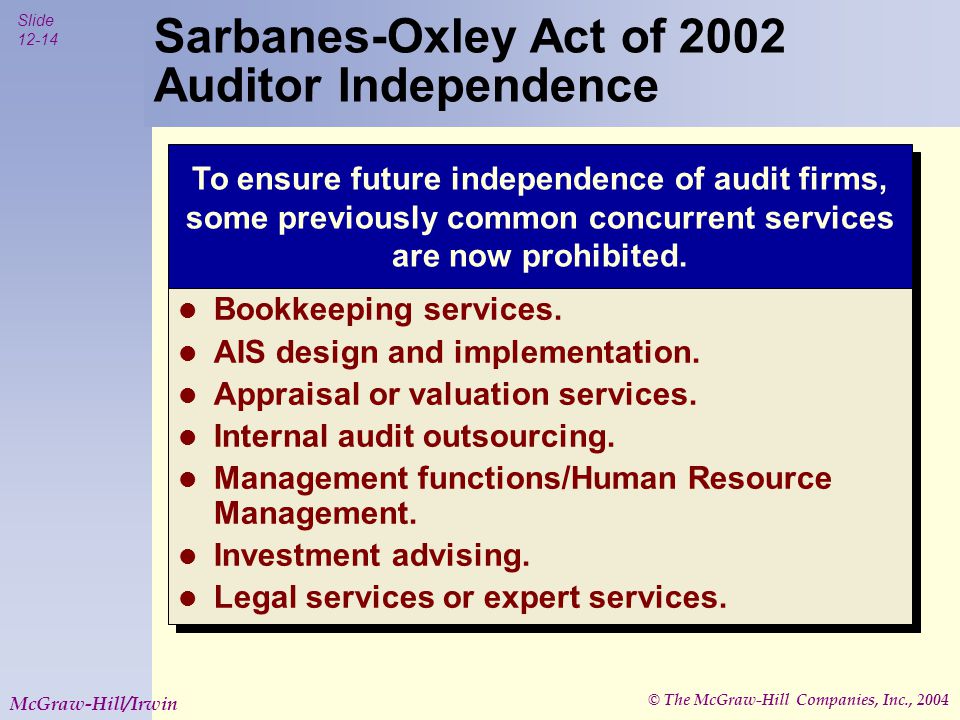 © The McGraw-Hill Companies, Inc., 2004 Slide McGraw-Hill/Irwin To ensure future independence of audit firms, some previously common concurrent services are now prohibited.