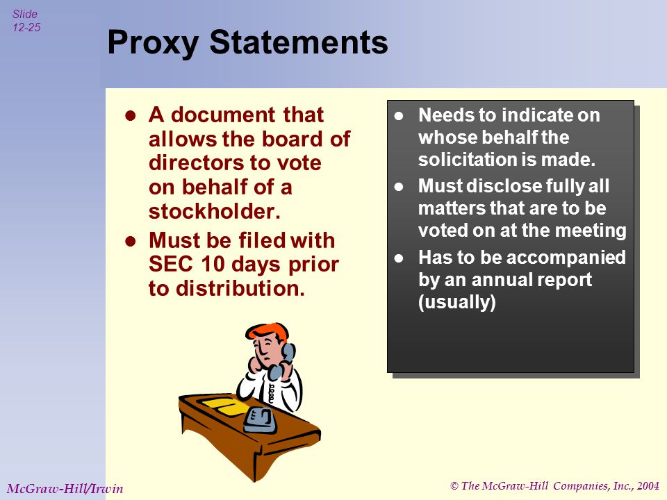 © The McGraw-Hill Companies, Inc., 2004 Slide McGraw-Hill/Irwin Proxy Statements A document that allows the board of directors to vote on behalf of a stockholder.