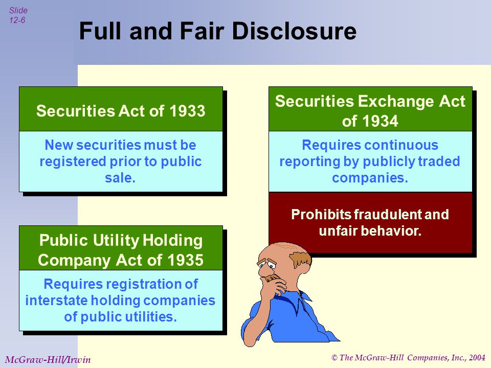 © The McGraw-Hill Companies, Inc., 2004 Slide 12-6 McGraw-Hill/Irwin Securities Exchange Act of 1934 Securities Act of 1933 Public Utility Holding Company Act of 1935 Full and Fair Disclosure Requires continuous reporting by publicly traded companies.