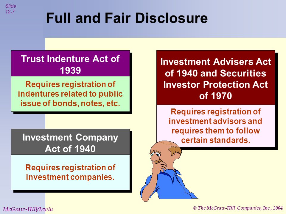 © The McGraw-Hill Companies, Inc., 2004 Slide 12-7 McGraw-Hill/Irwin Trust Indenture Act of 1939 Requires registration of indentures related to public issue of bonds, notes, etc.