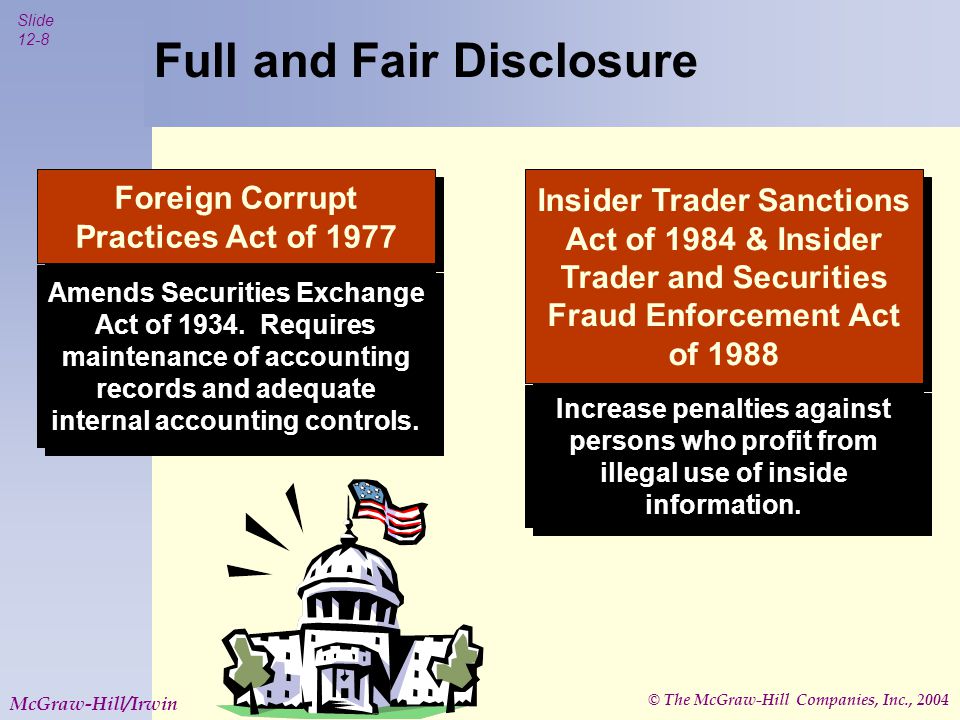 © The McGraw-Hill Companies, Inc., 2004 Slide 12-8 McGraw-Hill/Irwin Foreign Corrupt Practices Act of 1977 Amends Securities Exchange Act of 1934.