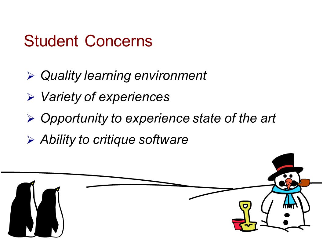 Student Concerns  Quality learning environment  Variety of experiences  Opportunity to experience state of the art  Ability to critique software