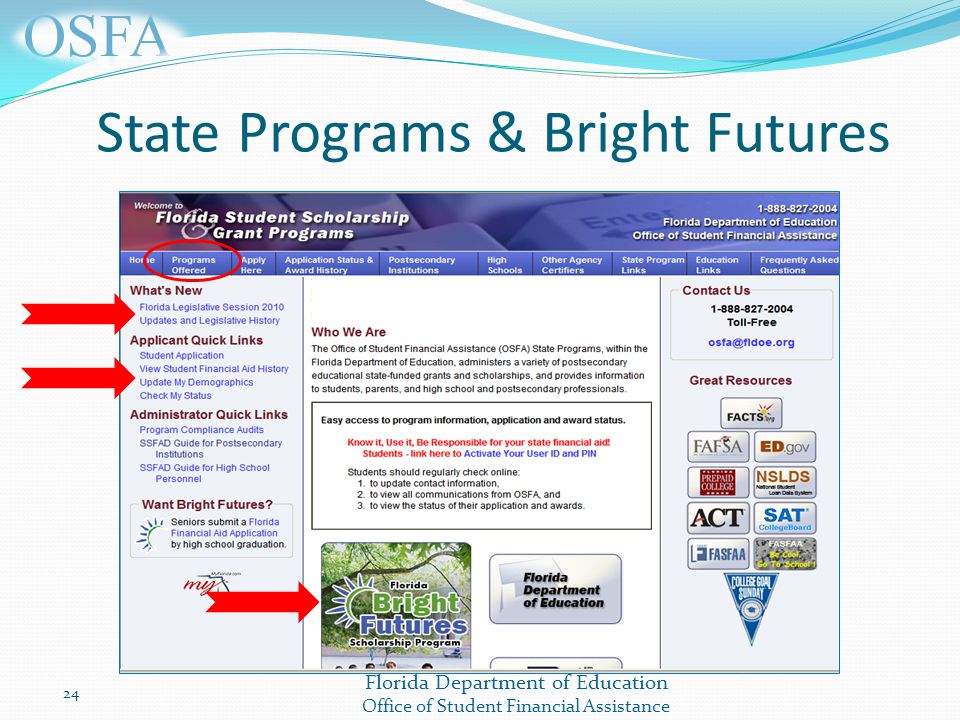 Florida Department of Education Office of Student Financial Assistance 24 State Programs & Bright Futures