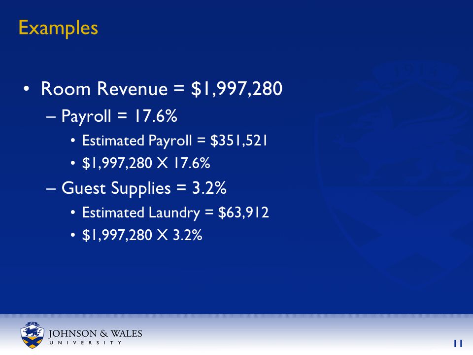 11 Examples Room Revenue = $1,997,280 –Payroll = 17.6% Estimated Payroll = $351,521 $1,997,280 X 17.6% –Guest Supplies = 3.2% Estimated Laundry = $63,912 $1,997,280 X 3.2%