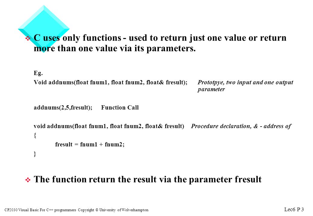 Lec6 P 1 Cp30 Visual Basic For C Programmers Copyright C University Of Wolverhampton Cp30 Vbfc Lecture 6 Back To Index V Procedures And Parameters Ppt Download Lec6 P 1 Cp30 Visual Basic For C Programmers Copyright C University Of Wolverhampton Cp30 Vbfc Lecture 6 Back To Index V Procedures And Parameters Ppt Download