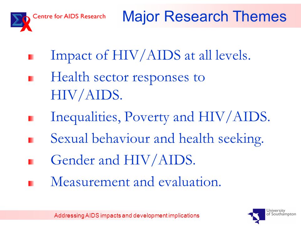 Addressing AIDS impacts and development implications Major Research Themes Impact of HIV/AIDS at all levels.